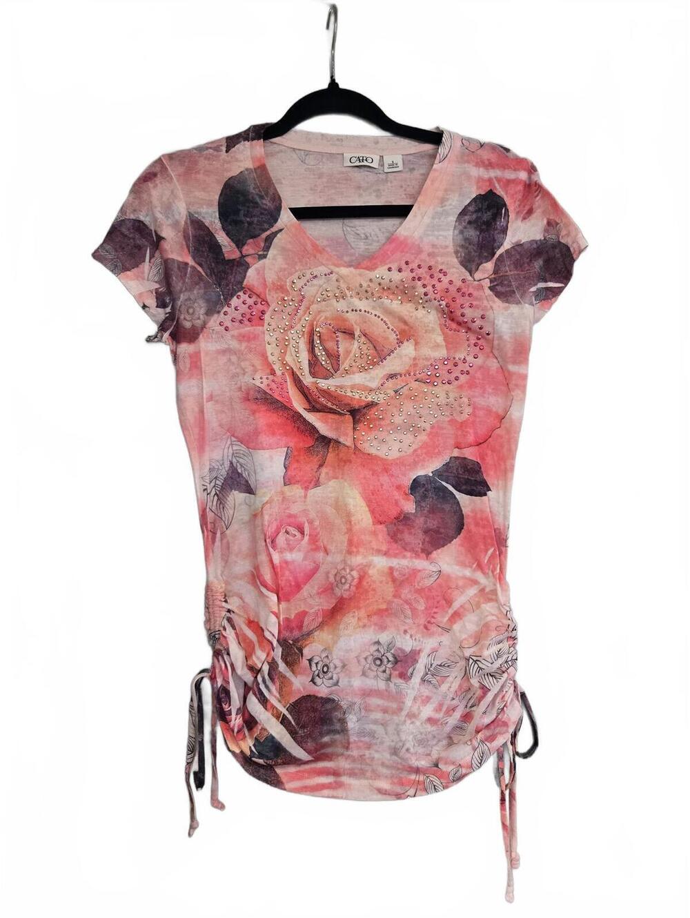 Cato Pink Floral Ruched Side T-Shirt Top Size S